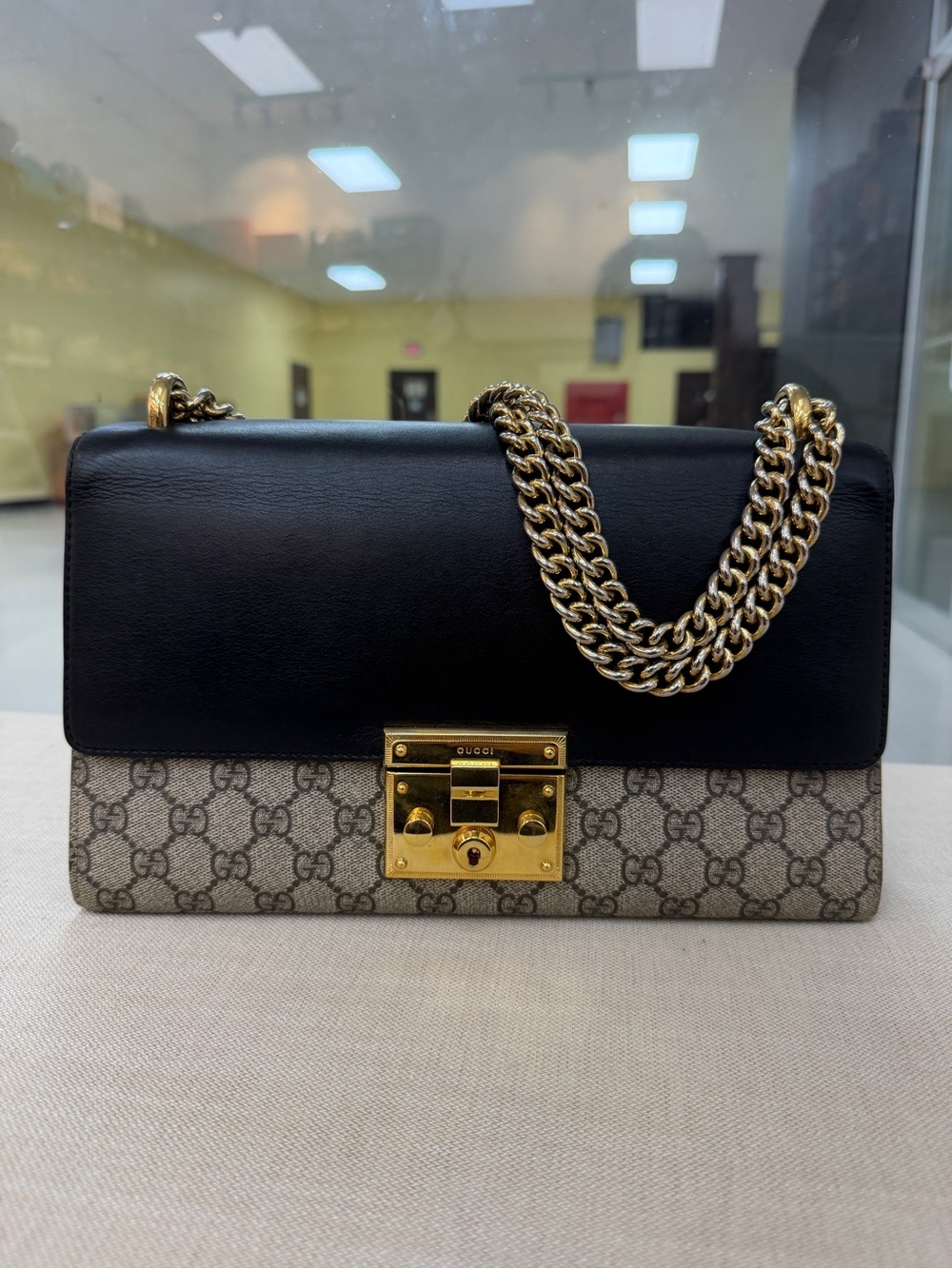 Gucci Black Leather and Beige GG Canvas Shoulder Bag with Gold Hardware